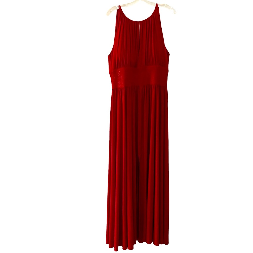 Evening Gown JS Boutique Red with sequins around waist key hole neck size 16